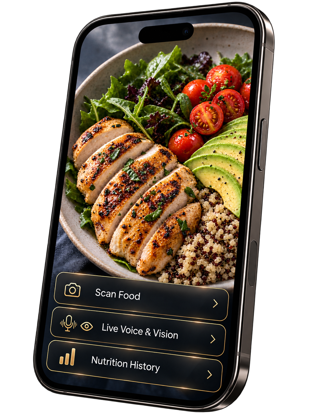 Premium smartphone displaying grilled chicken, avocado, greens, and buttons for Scan Food, Live Voice and Vision, and Nutrition History